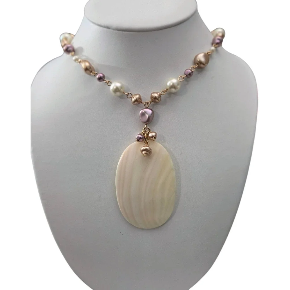 Vintage NRQ Avon Faux Pearl Pastel Gold‎ Tone Chain Shell Pendant Necklace 21